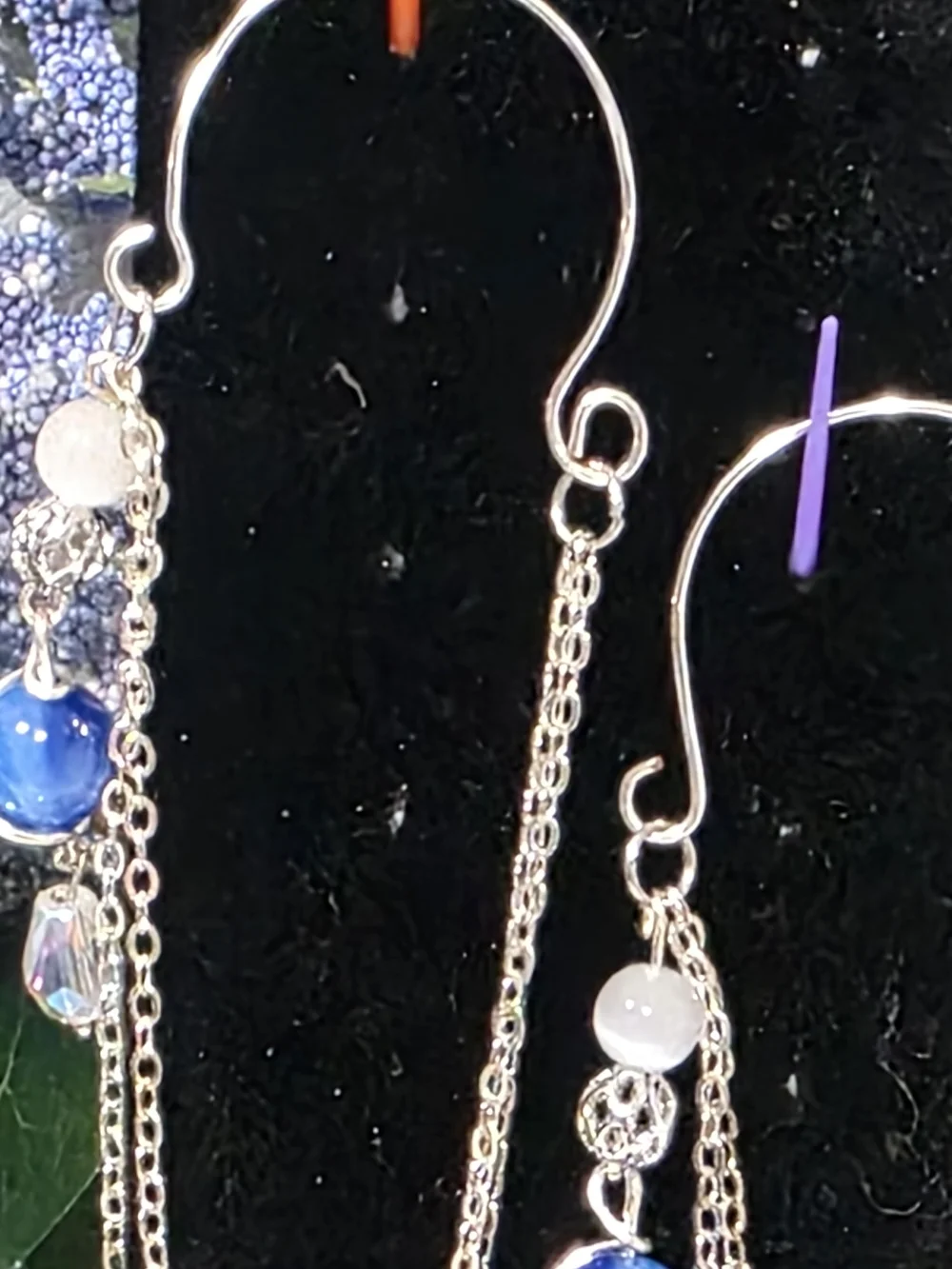 Silver Chain Dangle Ear Cuffs with Blue  Cat-eye Bead